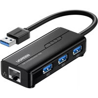 Переходник для IT Ugreen 20265 HUB 4in1 USB-A 3.0 to 3*USB-A 3.0 + RJ45 1Gbps, Black