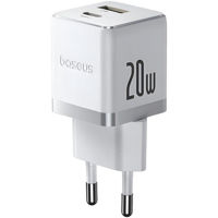 Зарядное устройство сетевое Baseus P10111608213-00 GaN 1*Type-C+1*USB-A 20W, Palm Series, Moon White