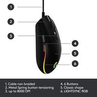 Gaming Mouse Logitech G102 Lightsync, Optical, 200-8000 dpi, 6 buttons, Ambidextrous, RGB, Black USB
