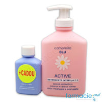 Camomilla Blu Active pH 3.5 gel intim antiseptic ciclu menstrual si postpartum 300ml + Camomilla Blu gel dus corp si fata 50ml CADOU
