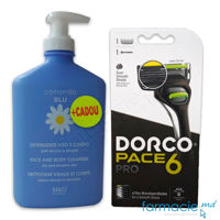 Dorco Pace 6 Pro Sistema de ras 6 lame N1+Camomilla Blu Delicato gel dus piele sensibila 500ml CADOU