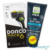 Dorco Pace 6 Pro Sistema de ras 6 lame N1+So Bio Men Gel dupa ras Aloe Vera 100ml Cadou