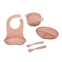 Посуда для кормления U-Grow UG-SET2PK Set diversificare 5 piese din silicon: bavetă, bol, farfurie, linguriță și furculiță, roz