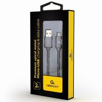 Blister MicroUSB/USB2.0,   2.0 m, Cablexpert Premium spiral metal metallic-grey CC-USB2S-AMmBM-2M-BG