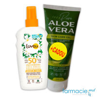 Lovea Vegan Lotiune-spray protectie solara hidratanta SPF50 150ml + Aloe Vera Pure gel fata&corp 200ml Human Care CADOU