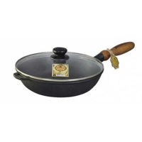 Сковорода Maysternya Tigaie din fonta 28x6cm cu maner din lemn si capac din sticla (T306C3)