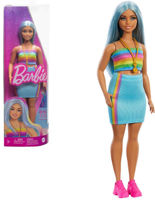 Кукла Barbie HRH16 Fashionista cu părul albastru, bluză curcubeu și fustă de culoare verde-vișinie