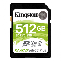 512GB  SDXC Card (Class 10) UHS-I , U3, Kingston Canvas Select Plus "SDS2/512GB" (R/W:100/85MB/s)