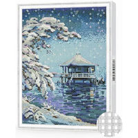 Картина по номерам Art Gallery QB203968 Mozaic cu diamante patrate 40x50cm Casuta pe lac iarna