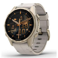 Ceas inteligent Garmin Fenix 8 – 43 mm, Sapphire, Soft Gold Stainless Steel with Fog Gray Leather Band, Fog Gray (010-02903-40)