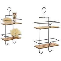 Полка для ванной Promstore 52138 Raft cu 2 nivele+2carlige Caddy 11x25x50cm, metal/bambus, negru