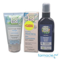 So Bio Apa florala de Albastrele Calmanta 200ml+So Bio Aloe Vera Scrab-gel fata 150ml+So Bio Aloe Vera Crema fata Rich Hidratanta,de zi 50ml CADOU