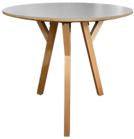 Круглый деревянный стол с деревянными ножками, окрашенными в серый цвет, и металлической опорой