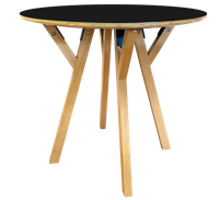 Круглый стол из окрашенного в черный цвет дерева с деревянными ножками и металлической опорой.