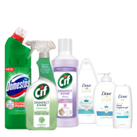 Комплект "0 бактерий" (Domestos Pine Fresh, 1л + Cif Spray Desinfectant, 750мл + Cif Floor, 1л + Dove Care&Protect, 500мл + Hand Hygiene, 50мл  + Hand Wash, 250мл)