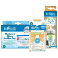 Поильник Dr. Brown's 8586020673858 Set biberon din sticla 270 ml + tetine nivel 2, 2 buc. + pungi sterilizatoare, 5 buc.