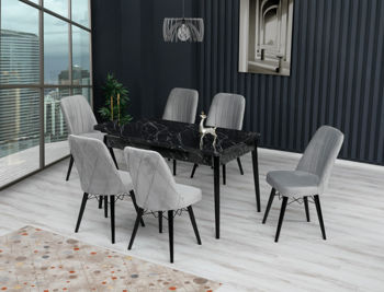 Set Masa extensibilă MDF2 Negru + 6 scaune gri 