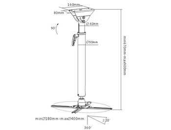 Universal Ceiling Projector Mount Brateck PRB-16-01M, 30 Kg, Mounting Range: 180-400mm, Tilt: -20°~+20°, Swivel: -20°~+20°, Rotate: 360°, Profile: 670-900mm, Adjustable Length: 670-900mm (suport de tavan pentru proiector/крепление подвес проэктор)