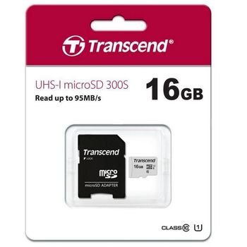 .16GB MicroSD (Class 10) UHS-I (U1),+SD adapter Transcend "TS16GUSD300S-A" (R/W:95/45MB/s) 