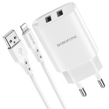 Borofone Wall Charger with Сable USB to Lightning BN2 2xUSB 2.1A, White 