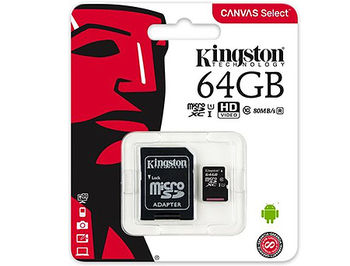 64GB Kingston Canvas Select Plus SDCS2/64GB microSDHC, 100MB/s, (Class 10 UHS-I) + Adapter MicroSD-SD (card de memorie/карта памяти)