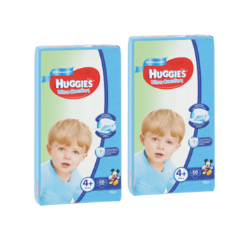 Набор подгузники для мальчиков Huggies Ultra Comfort 4+  (10-16 кг), 2x68 шт. 