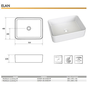 cumpără Lavoar ceramica dreptunghiular 49 ELAN (485 x 375 x 135 mm)  CERANO în Chișinău 