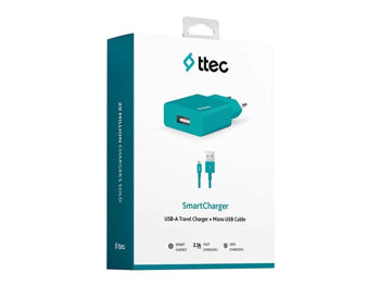 ttec Wall Charger Smart Travel with Cable USB to Micro USB 2.1A (1.2m), Turquoise 