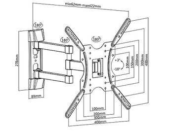 LCD/TV Full motion Wall Mount Brateck KLA27-443, Max VESA 400x400, Screen 32"-55" Load 30 Kg, Profile 62-422mm, Tilt +3°~-10°, Swivel +90°~-90° (suport de perete pentru TV/крепление подвес настенный кронштейн для телевизора) XMAS