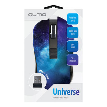 Wireless Mouse Qumo Universe, Optical, 800-1600 dpi, 4 buttons, Ambidextrous, 1xAA, Black/Blue, USB 