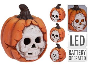 Suvenir LED Halloween Dovleac cu Craniu 11cm, ceramic 
