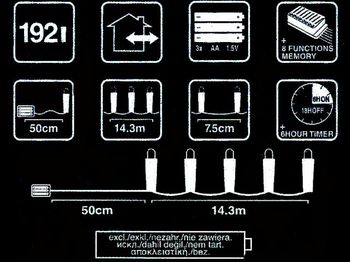 Огни новогодние "Нить" 192LED т-бел, 3XAA, 8реж, таймер 6ч 