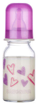 ”Baby-Nova” Biberon din sticlă cu gât standart, 250 ml., 0-24 luni, debit lent, 1 buc.  (44105) 