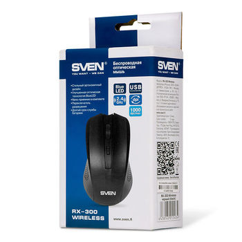 Wireless Mouse SVEN RX-300, Optical, 600-1400 dpi, 4 buttons, Ambidextrous, BlueLED, 2xAAA, Black 