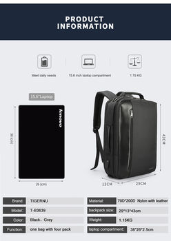 купить Pюкзак бизнес трансформер 3 в 1 Tigernu T-B3639 для ноутбука 15.6", с USB-портом, водонепроницаемый, чёрный в Кишинёве 