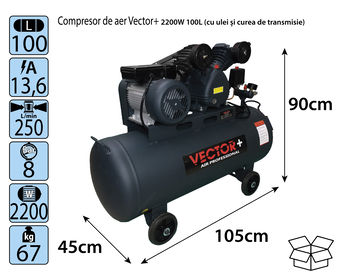 cumpără Compresor de aer Vector+  2200W 100L (cu ulei si curea de transmisie) în Chișinău 