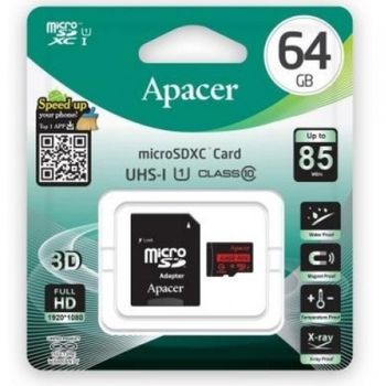 .64GB MicroSD (Class 10) UHS-I (U1) +SD adapter, Apacer "AP64GMCSX10U5-R" (R/W:85/20MB/s) 