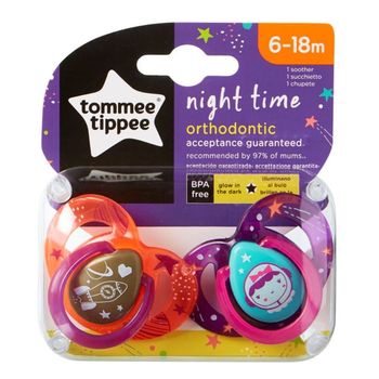 Suzetă ortodontică de noapte din silicon Tommee Tippee (6-18 luni), astronaut/fata, 2 buc. 