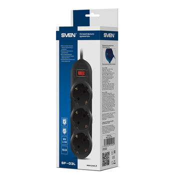 Surge Protector   3 Sockets,  3.0m, Sven "SF-03L", Black, retail box, flame-retardant material 