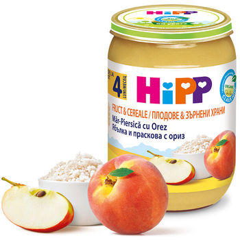 Piure de mere, piersici cu orez Hipp (4 luni+), 190g 
