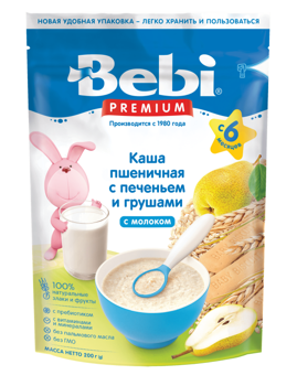 Каша молочная пшеничная Bebi Premium с печеньем и грушей (6+ мес.), 200 г 