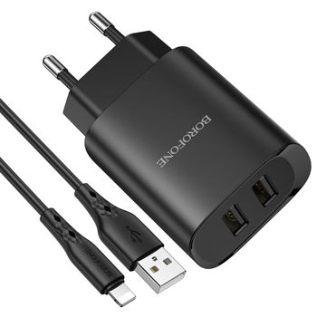 Borofone Wall Charger with Сable USB to Lightning BN2 2xUSB 2.1A, Black 