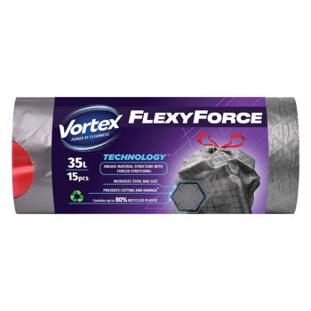 купить Пакет для мусора Vortex с системой закрытия Flexy Steel 51*53см, 35л, 15 шт, серый в Кишинёве 