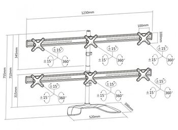 Table/desk stand for 6 monitors Reflecta PLANO DeskStand 23-1010 S, 13"-23", 100x100, 8kg/bracket. 