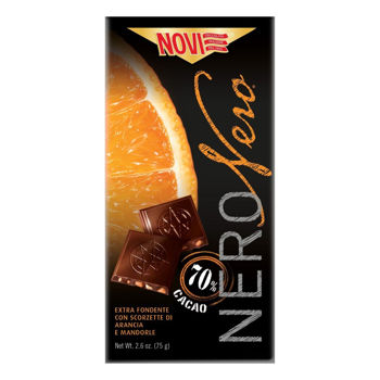Novi Ciocolată Extra Neagră 70%, cu portocale si migdale, 75g. 