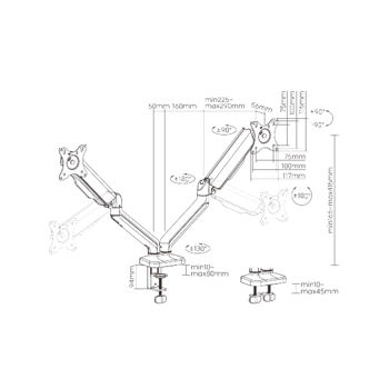 Suport pentru monitoare Brateck LDT46-C024 Spring-Assisted Dual Monitor Arm, for 2 monitors, Clamp-on, 17"-32", Tilt Range +90° ~ -90°; Swivel Range +90° ~ -90°; Screeen Rotation 360°, VESA: 75x75, 100x100, Arm Extend: 450mm, Weight Capacity per screen 9 Kg (Braț pentru monitor asistat cu arc, pentru 2 monitoare, cu clemă)