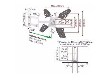 Wall Mount Barkan ''3400LW'' White 13"-83" Long Full Motion, max.50kg, VESA mm: up to 600x400mm 
