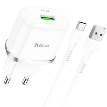 Hoco Wall Charger with Cable USB to Type-C N3 QC3.0 15W, White 