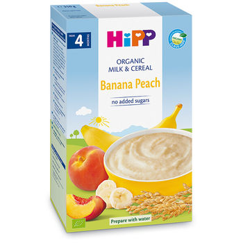 Terci organic Hipp din orez cu banane, piersici și lapte (4+ luni), 250gr. 