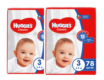 1 Set 2 pachete scutece Huggies Classic Mega  3  (4-9 kg), 78 buc. 